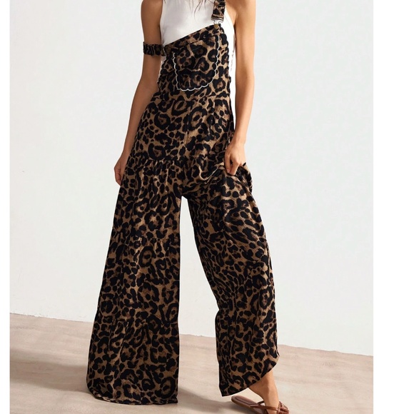 Leopard Print Pocket Wide Leg Bib Overalls Jumpsuit - Picture 6 of 11
